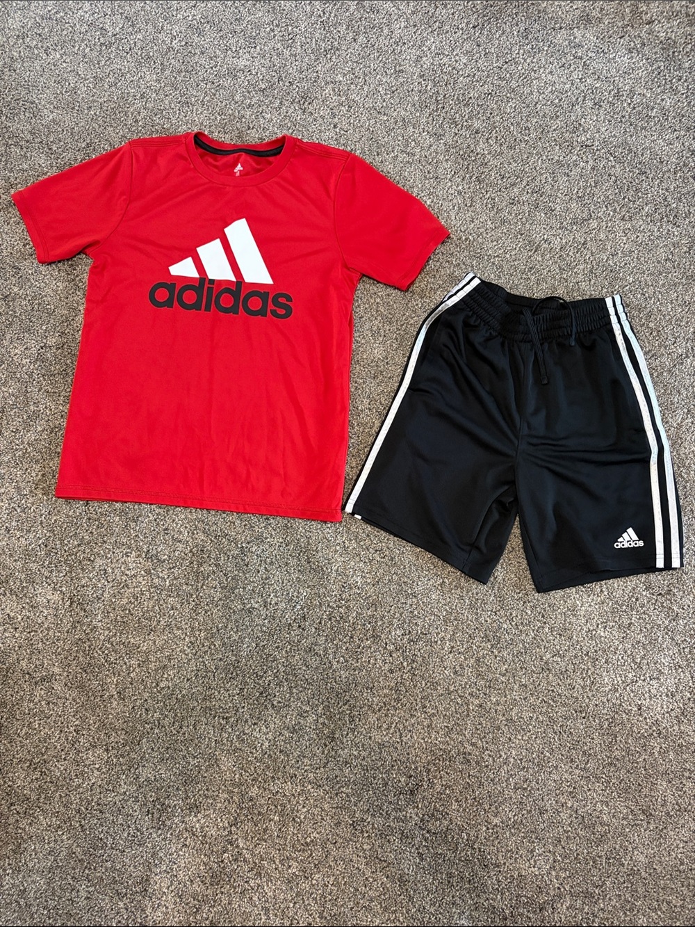 Boys adidas Red Logo Tee with Black Athletic Shorts Set Size Medium 10/12